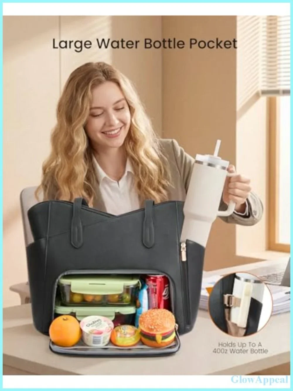 2-in-1 PU Work Tote Bag with Insulated Lunch Compartment for Laptop